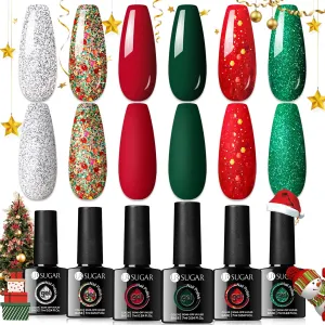 UR SUGAR Christmas Gel Nail Polish Set, 6 Colors Red Green Silver Gold Glitter Gel Nail Polish Kit Fall Winter Gel Polish Set Soak Off Nail Gel Polish Christmas Day Gifts for Women Girls