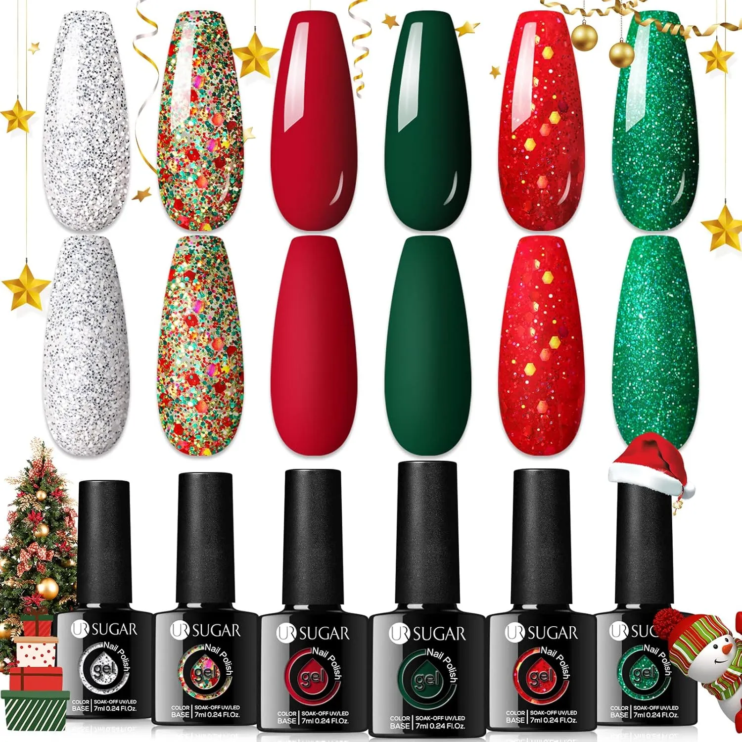 UR SUGAR Christmas Gel Nail Polish Set, 6 Colors Red Green Silver Gold Glitter Gel Nail Polish Kit Fall Winter Gel Polish Set Soak Off Nail Gel Polish Christmas Day Gifts for Women Girls