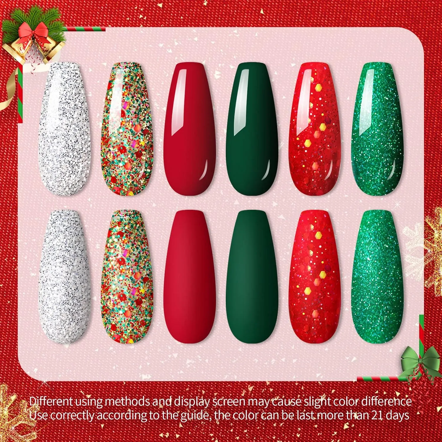 UR SUGAR Christmas Gel Nail Polish Set, 6 Colors Red Green Silver Gold Glitter Gel Nail Polish Kit Fall Winter Gel Polish Set Soak Off Nail Gel Polish Christmas Day Gifts for Women Girls