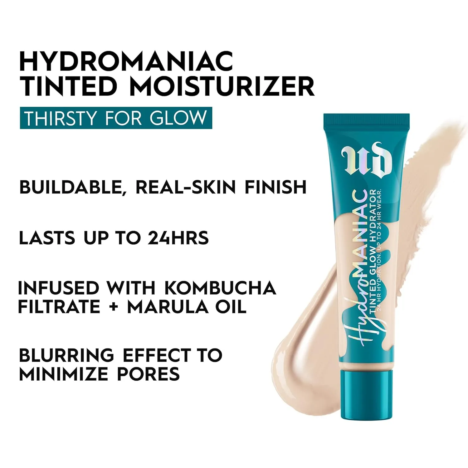 Urban Decay Hydromaniac Dewy Foundation, Hydrating Tinted Moisturizer for Dry Skin, Buildable Medium Coverage, with Kombucha Filtrate & Marula Oil, Non-comedogenic, Vegan, Cruelty-free - 1.1 fl oz
