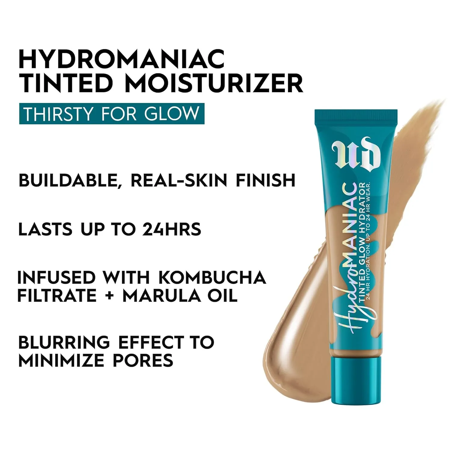 Urban Decay Hydromaniac Dewy Foundation, Hydrating Tinted Moisturizer for Dry Skin, Buildable Medium Coverage, with Kombucha Filtrate & Marula Oil, Non-comedogenic, Vegan, Cruelty-free - 1.1 fl oz
