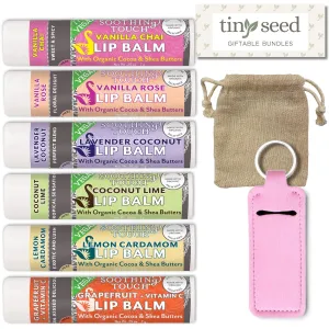 Vegan Lip Balm Set - Pack of 6 Soothing Touch Lip Balms. Includes Muslin Pouch and Lip Balm Holder (Pink): Lavender Coconut, Vanilla Chai, Vanilla Rose, Coconut Lime, Lemon Cardamom, Grapefruit