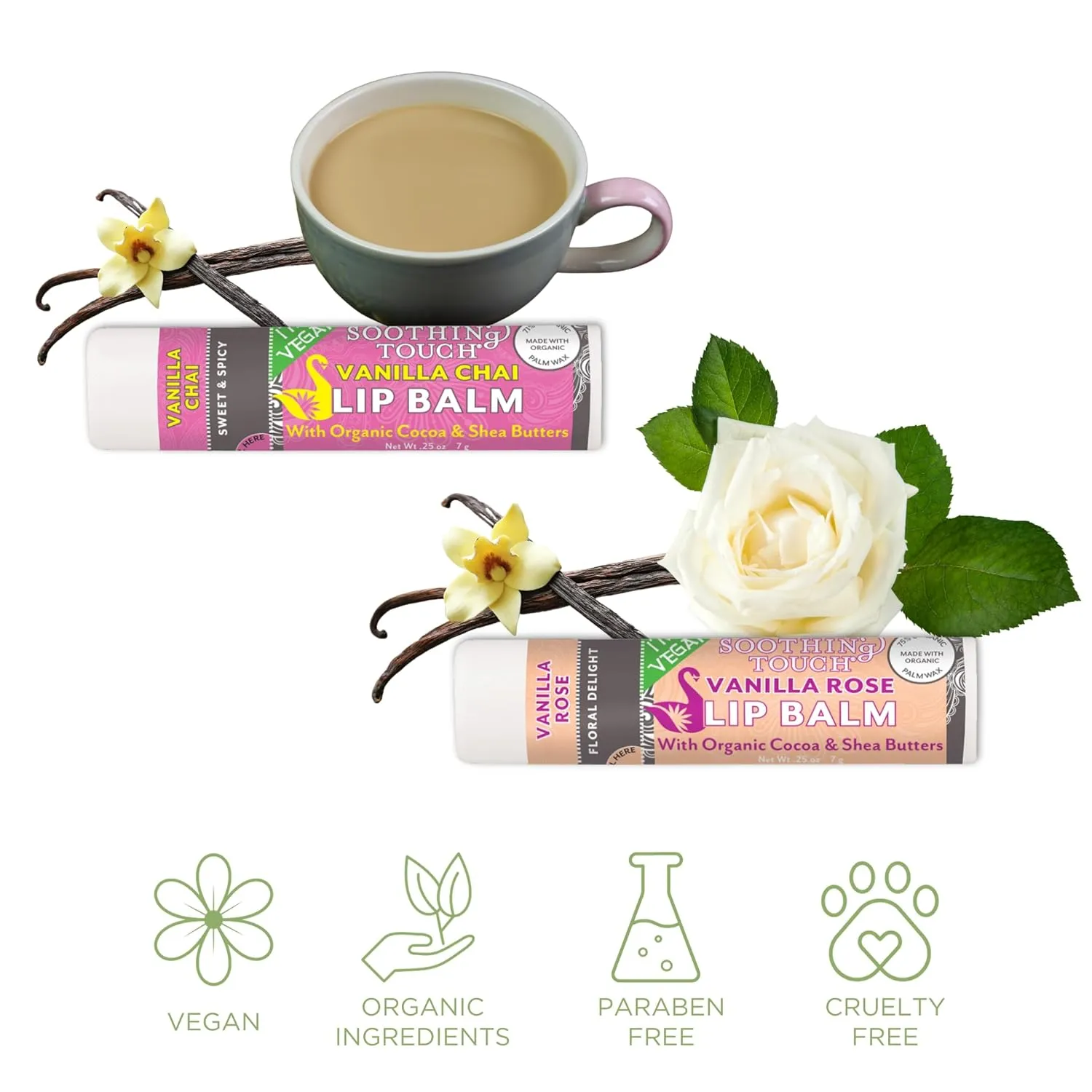Vegan Lip Balm Set - Pack of 6 Soothing Touch Lip Balms. Includes Muslin Pouch and Lip Balm Holder (Pink): Lavender Coconut, Vanilla Chai, Vanilla Rose, Coconut Lime, Lemon Cardamom, Grapefruit