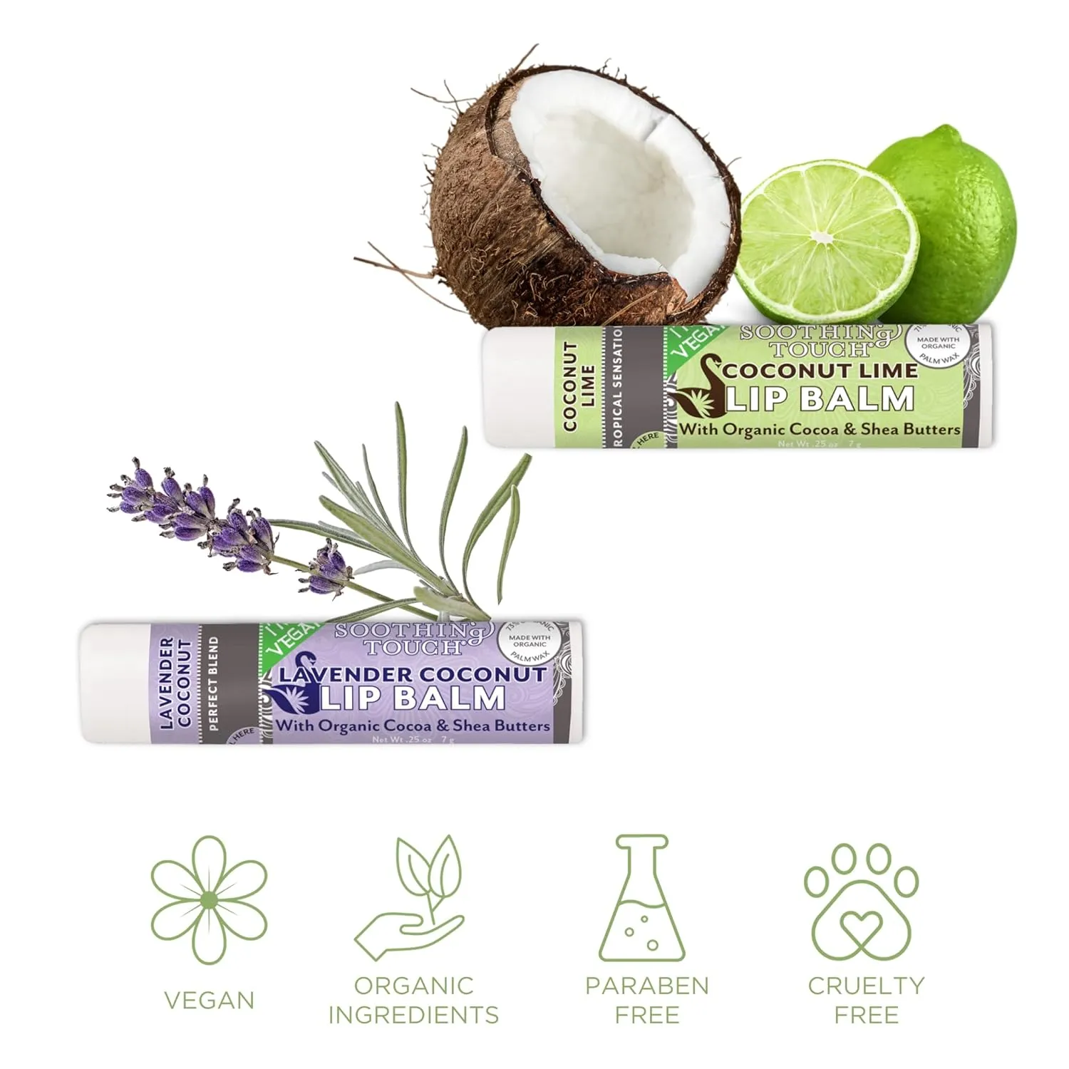 Vegan Lip Balm Set - Pack of 6 Soothing Touch Lip Balms. Includes Muslin Pouch and Lip Balm Holder (Pink): Lavender Coconut, Vanilla Chai, Vanilla Rose, Coconut Lime, Lemon Cardamom, Grapefruit