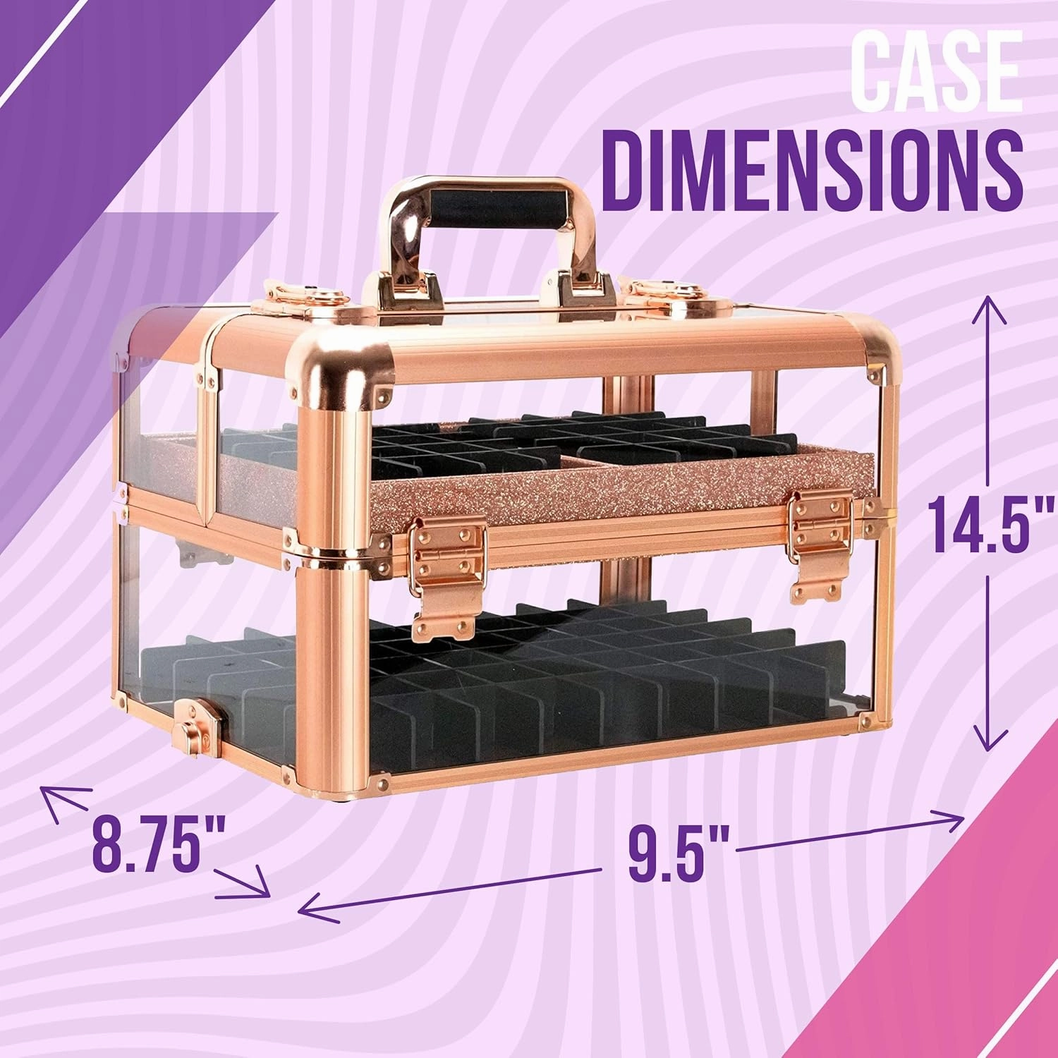Ver Beauty Professional Armored Clear Acrylic Makeup Nail Tech Case with 2 Sliding Trays and Removable Dividers for Nail Polish Organizer Lockable Portable Travel Cosmetic Aluminum Case (Rose Gold)