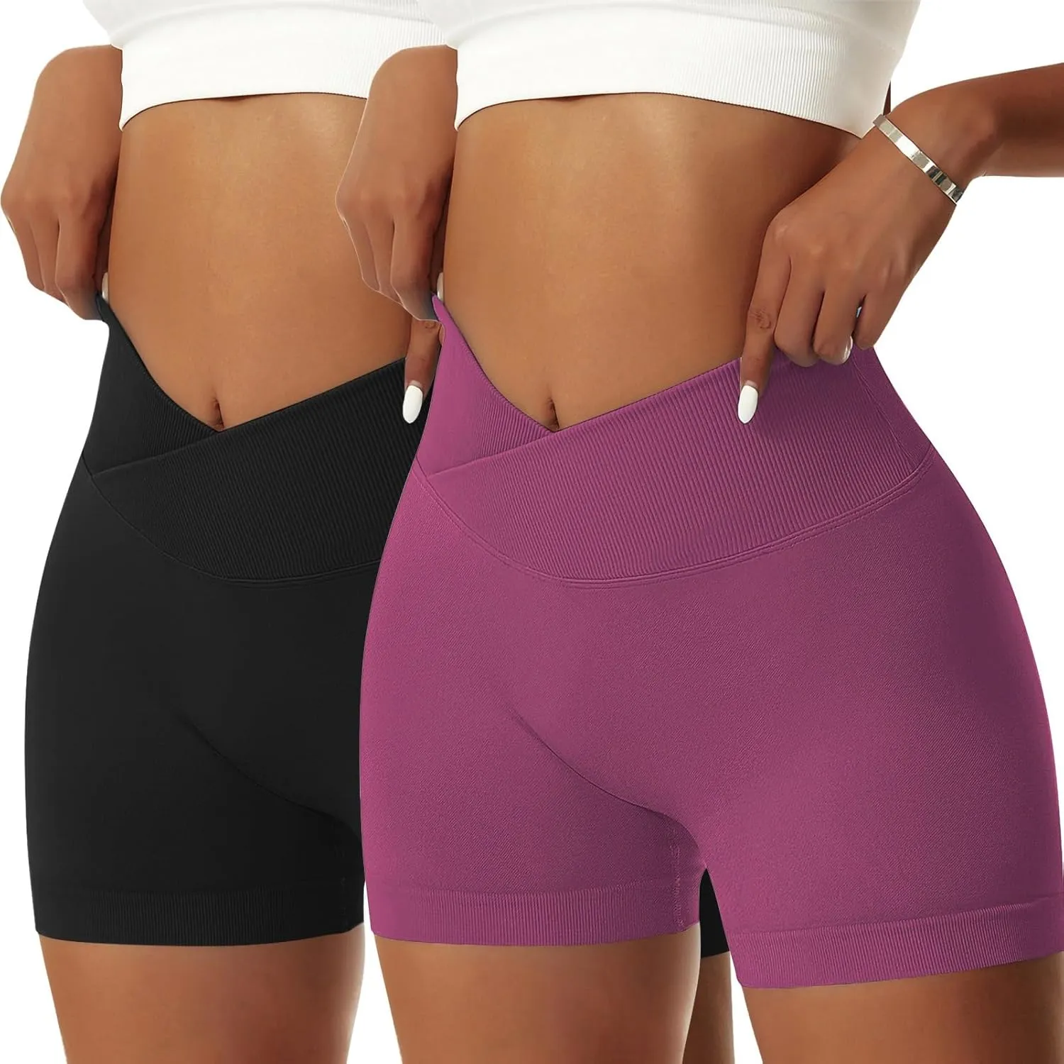 Vertvie 2 Pack Workout Gym Shorts for Women High Waisted Booty V Cross Biker Shorts Scrunch Butt Athletic Yoga Shorts