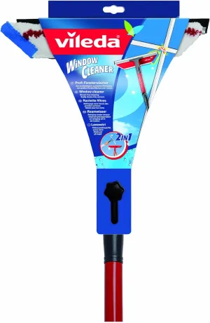 Vileda 2-in-1 Window Cleaner, 1 Count (Pack of 1), Window Wiper, Squeegee, Handle, 2 cm Rubber Blade, Red, White, Grey