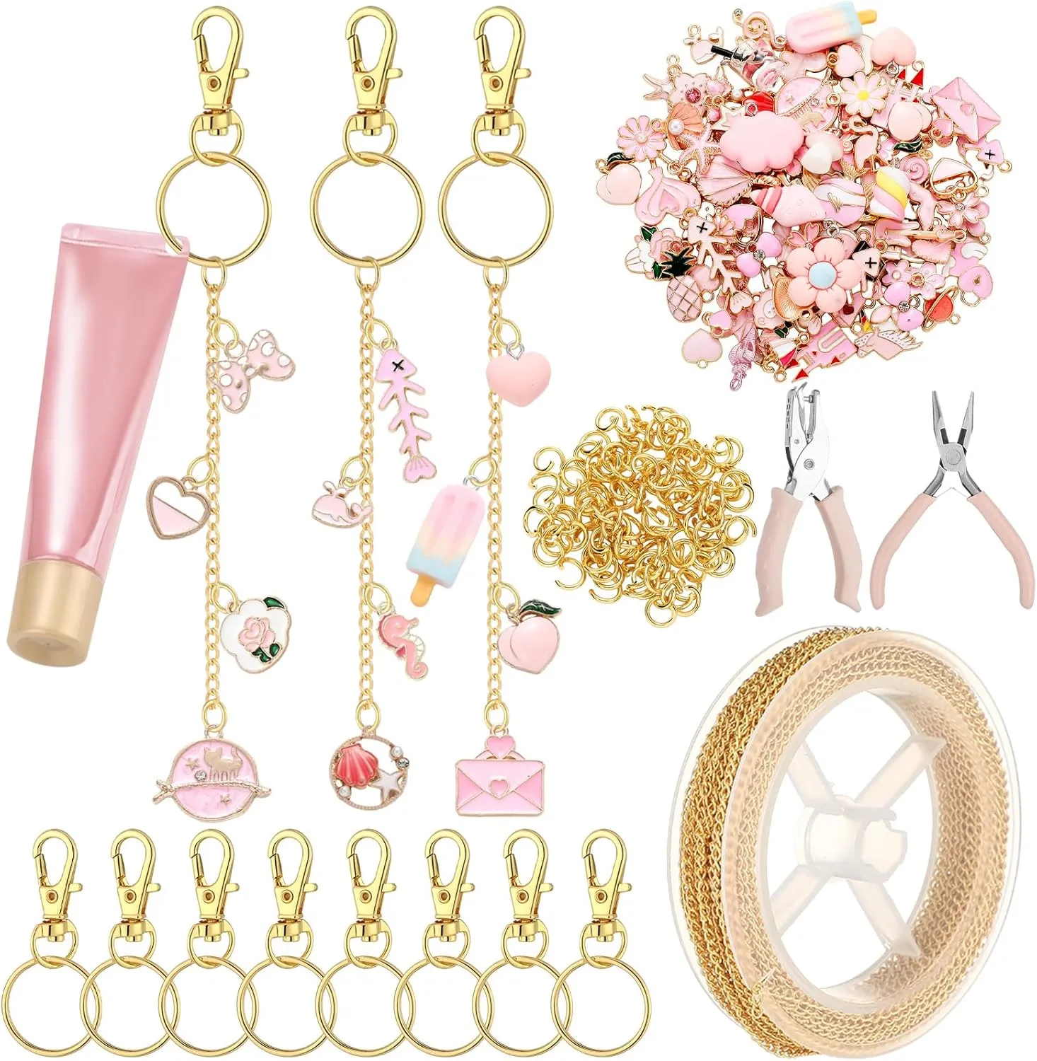 VioraWhite 213 Pcs Lip Gloss Keychain Making Kit Bulk 100 Enamel Charms 32.81 ft Gold Chains for DIY Crafts Women