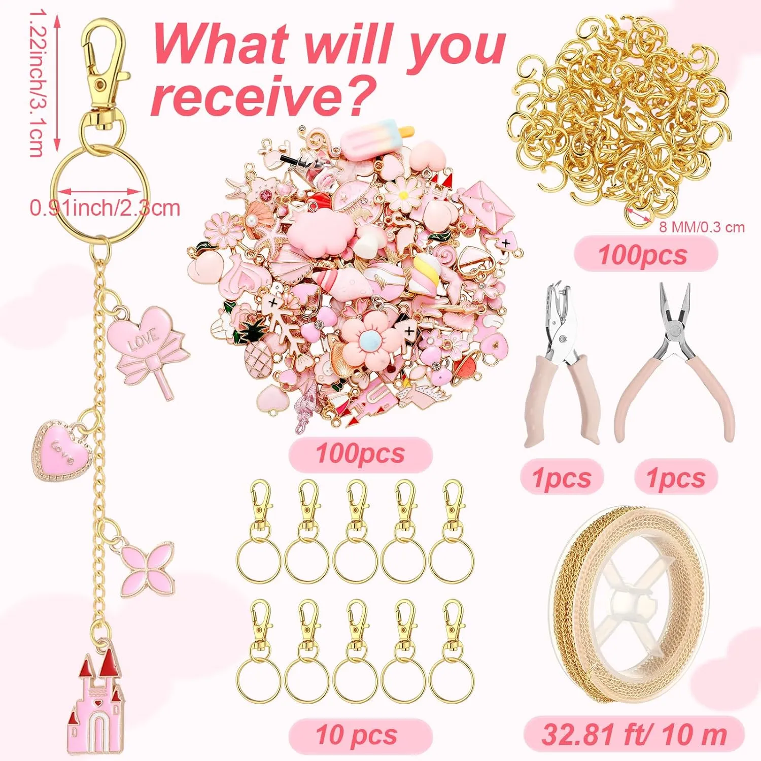 VioraWhite 213 Pcs Lip Gloss Keychain Making Kit Bulk 100 Enamel Charms 32.81 ft Gold Chains for DIY Crafts Women
