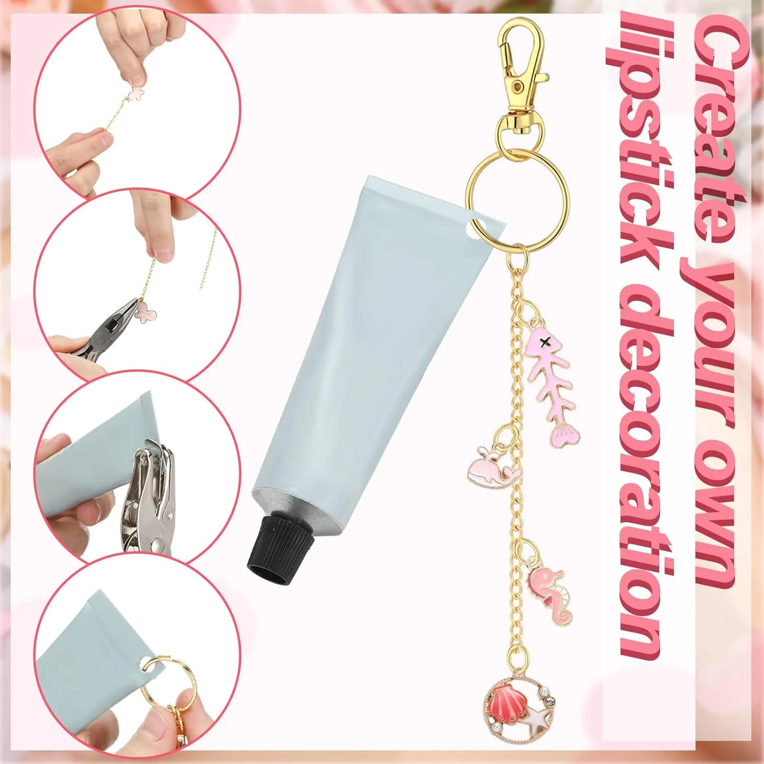 VioraWhite 213 Pcs Lip Gloss Keychain Making Kit Bulk 100 Enamel Charms 32.81 ft Gold Chains for DIY Crafts Women