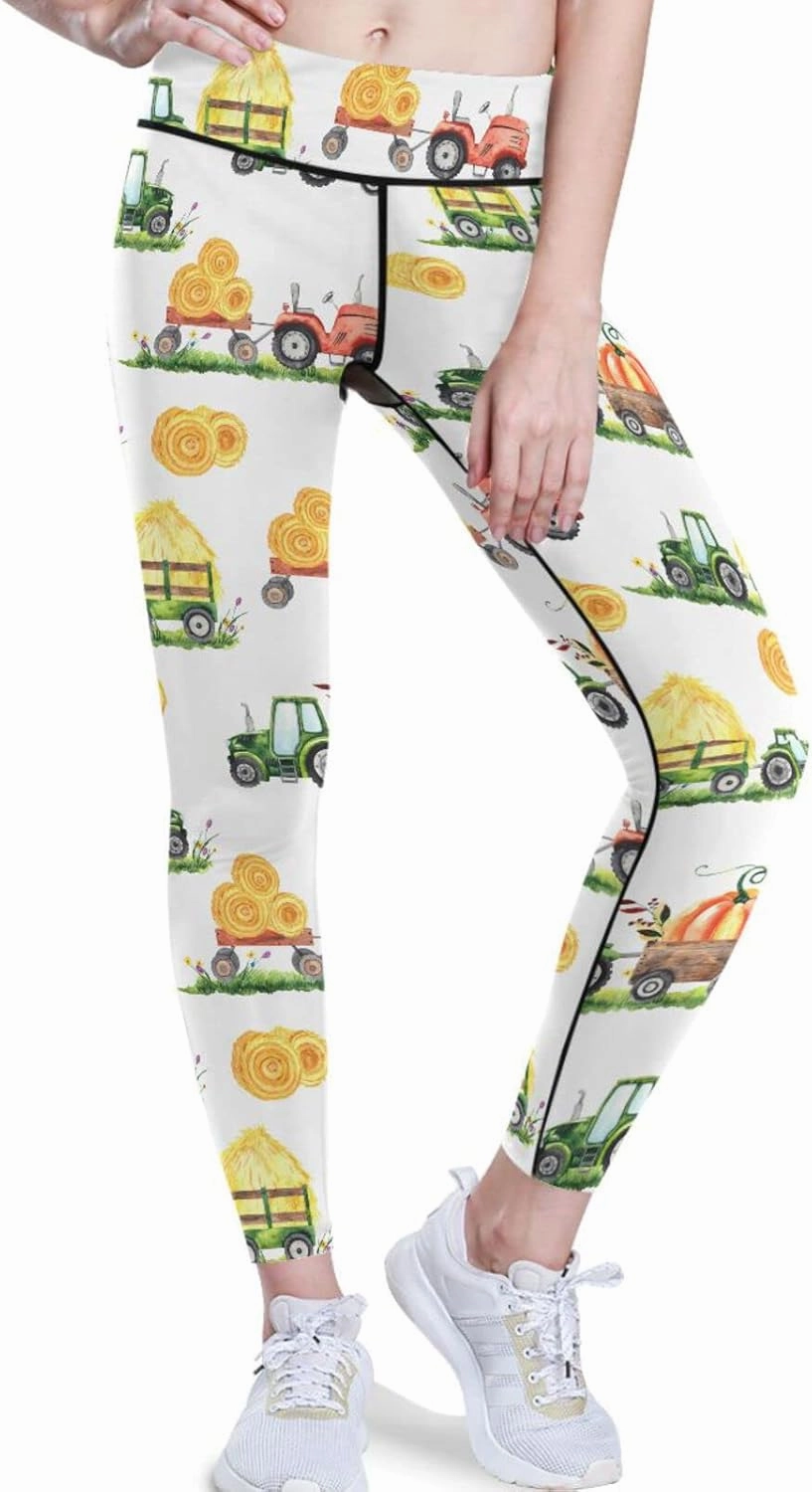 visesunny Pumpkin Tractor Trailer Leggings for Women High Waisted Tummy Control Workout Yoga Pants