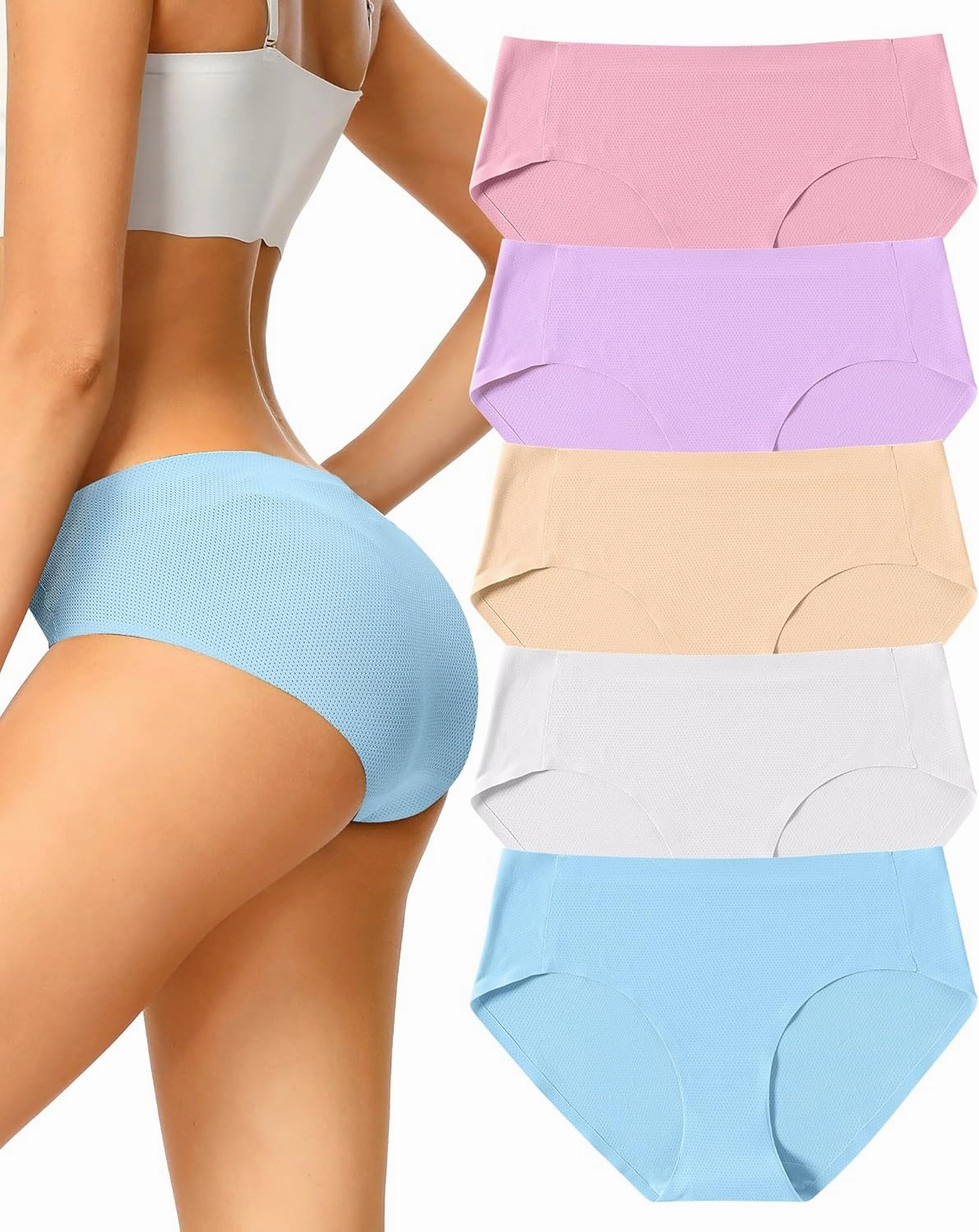 voenxe Women Seamless Hipster Underwear,Breathable Ladies Panties Bikini,No Show Briefs,Comfortable Undies for Women 5-Pack