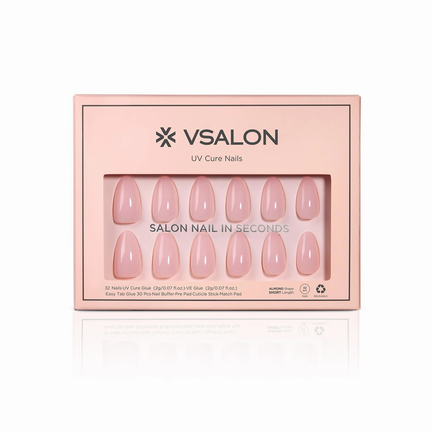 VSALON Press On Nails Short Almond, Sheer Pink Gel Jelly Fake Nails with UV Cure Glue, 28 Days Long Lasting No Pop-Off, Neutral Glue On Nails in 16 Sizes - 32 Stick On Nails Kit