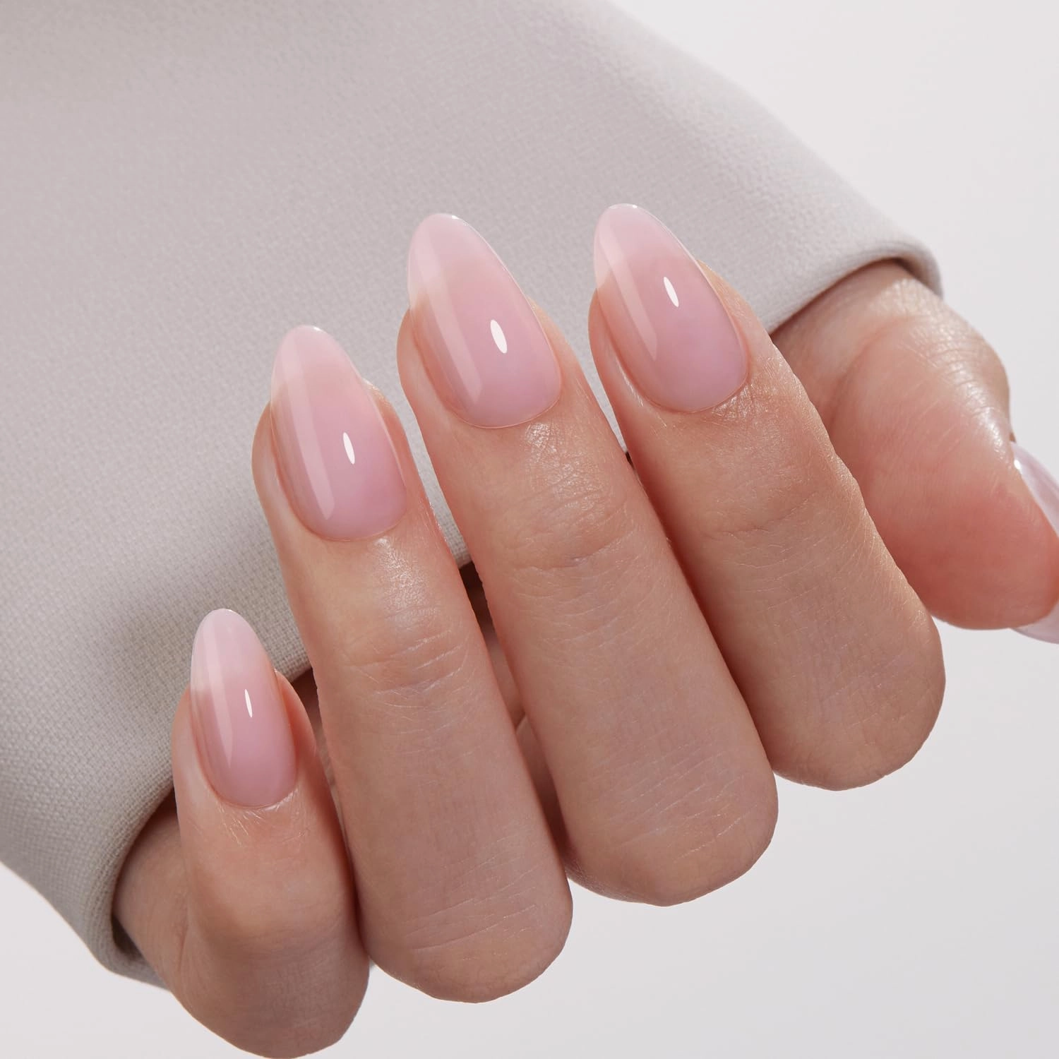 VSALON Press On Nails Short Almond, Sheer Pink Gel Jelly Fake Nails with UV Cure Glue, 28 Days Long Lasting No Pop-Off, Neutral Glue On Nails in 16 Sizes - 32 Stick On Nails Kit