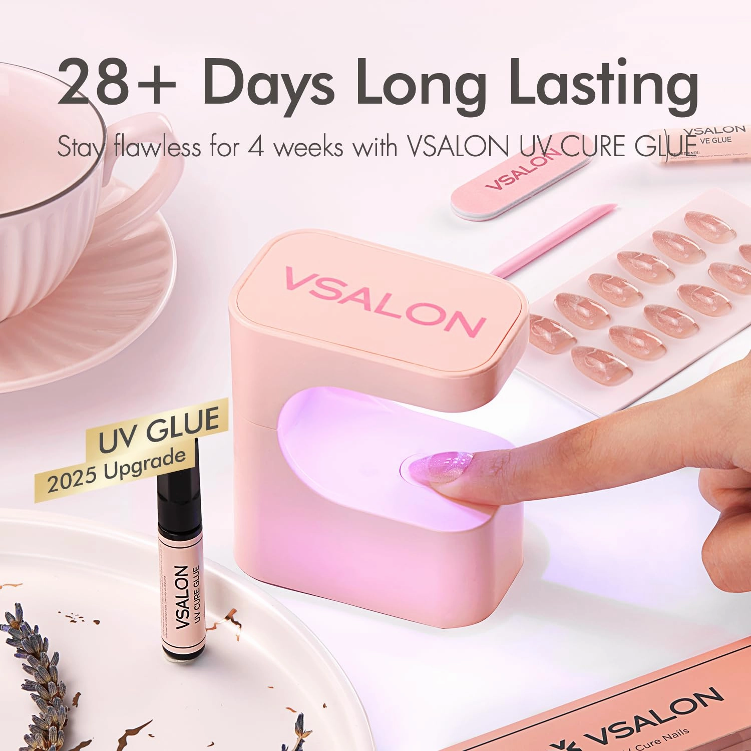 VSALON Press On Nails Short Almond, Sheer Pink Gel Jelly Fake Nails with UV Cure Glue, 28 Days Long Lasting No Pop-Off, Neutral Glue On Nails in 16 Sizes - 32 Stick On Nails Kit