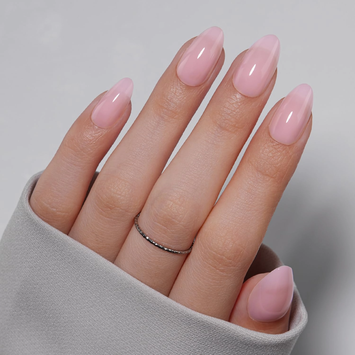 VSALON Press On Nails Short Almond, Sheer Pink Gel Jelly Fake Nails with UV Cure Glue, 28 Days Long Lasting No Pop-Off, Neutral Glue On Nails in 16 Sizes - 32 Stick On Nails Kit