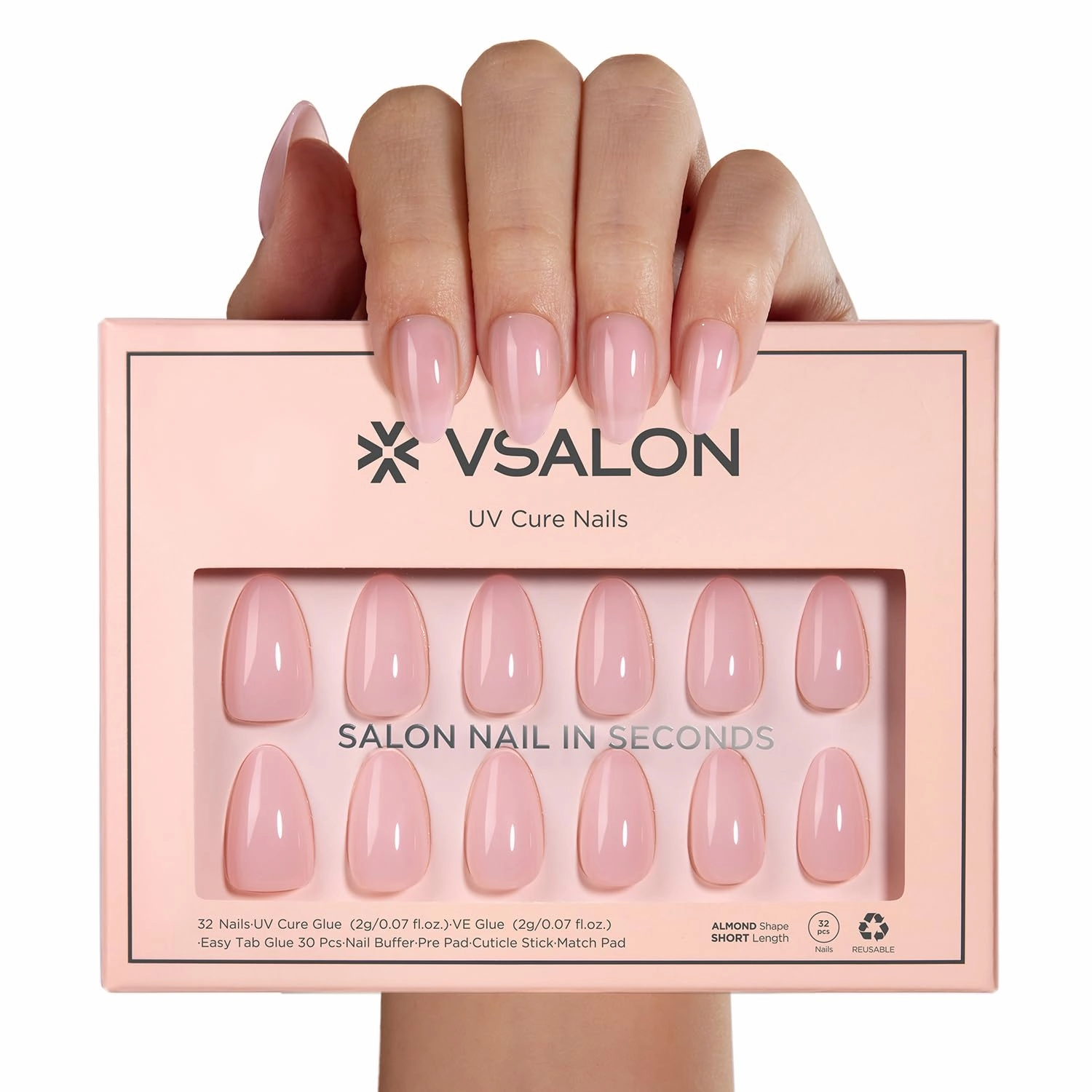 VSALON Press On Nails Short Almond, Sheer Pink Gel Jelly Fake Nails with UV Cure Glue, 28 Days Long Lasting No Pop-Off, Neutral Glue On Nails in 16 Sizes - 32 Stick On Nails Kit