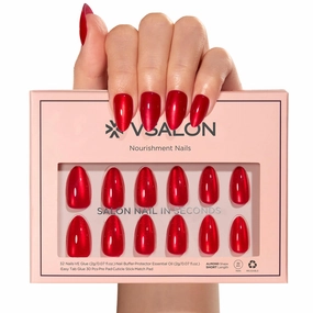 VSALON Short Almond Press-On Nails - Red Cat Eye Chrome Nails Kit, Reusable Fake Nails with Nail Glue, Protector Cuticle Oil, Adhesive Tabs & Mini Nail File - 32 PCS in 16 Sizes (Heartbeat Red)