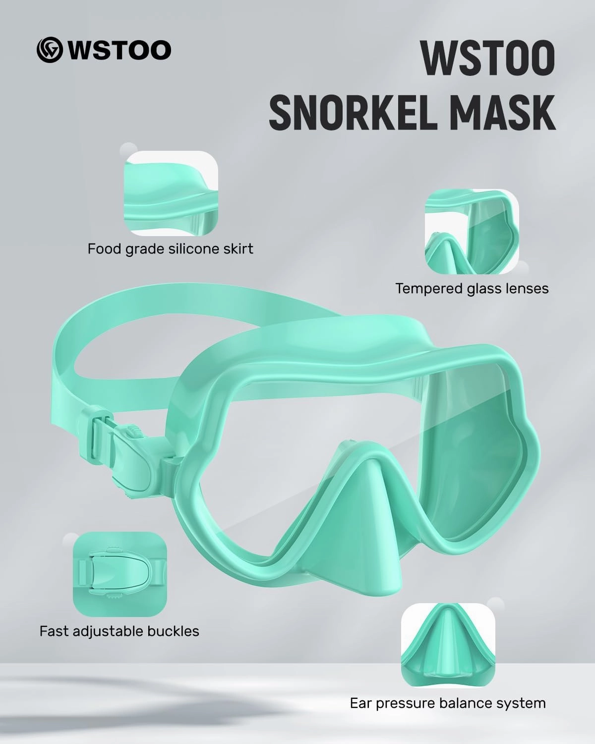 W WSTOO Full Silicone Swim Goggles with Nose Cover, Panoramic Anti-Glare Tempered Glass Snorkeli Mask, Anti-Fog and Leak Proof, Swim and Snorkel Gear for Adult