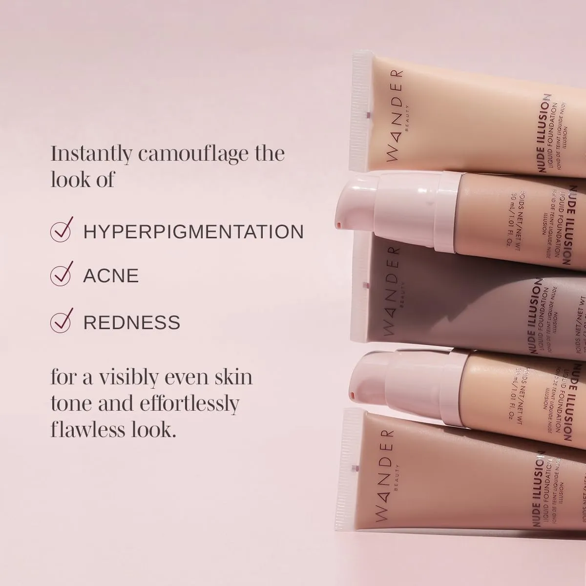Wander Beauty Nude Illusion Liquid Foundation - Tan - Medium to Full Coverage Foundation - Natural Makeup with Vitamin E & Macadamia - Nude Skin Finish Blurs & Conceals - Travel-Friendly - 1.01 fl oz