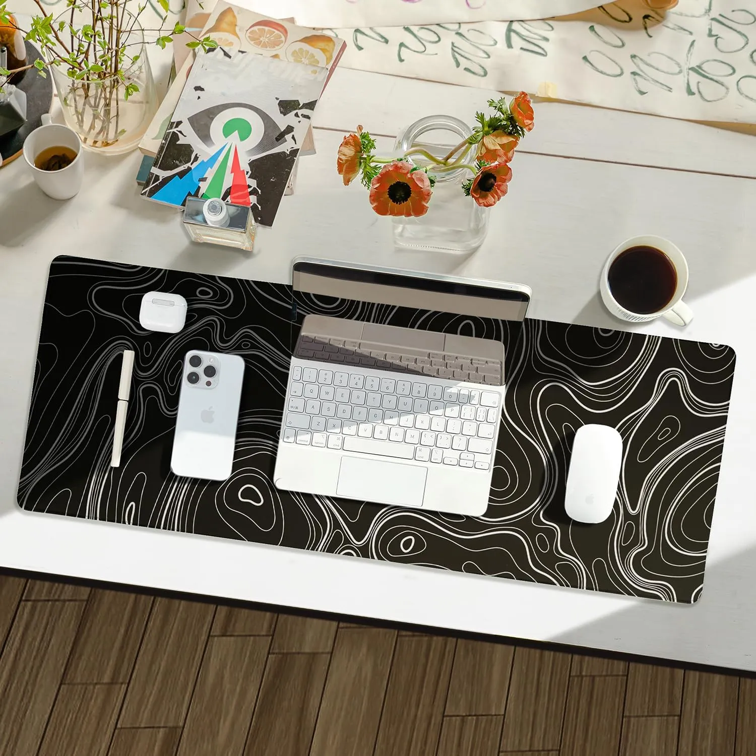 Waterproof Large Gaming Mouse Pad with Durable Stitched Edges, Non-Slip Rubber Base, Smooth Surface Mouse Mat Desk Pad for Home Office Gaming, 31.5"x11.8"x0.12", Black Topographic Map