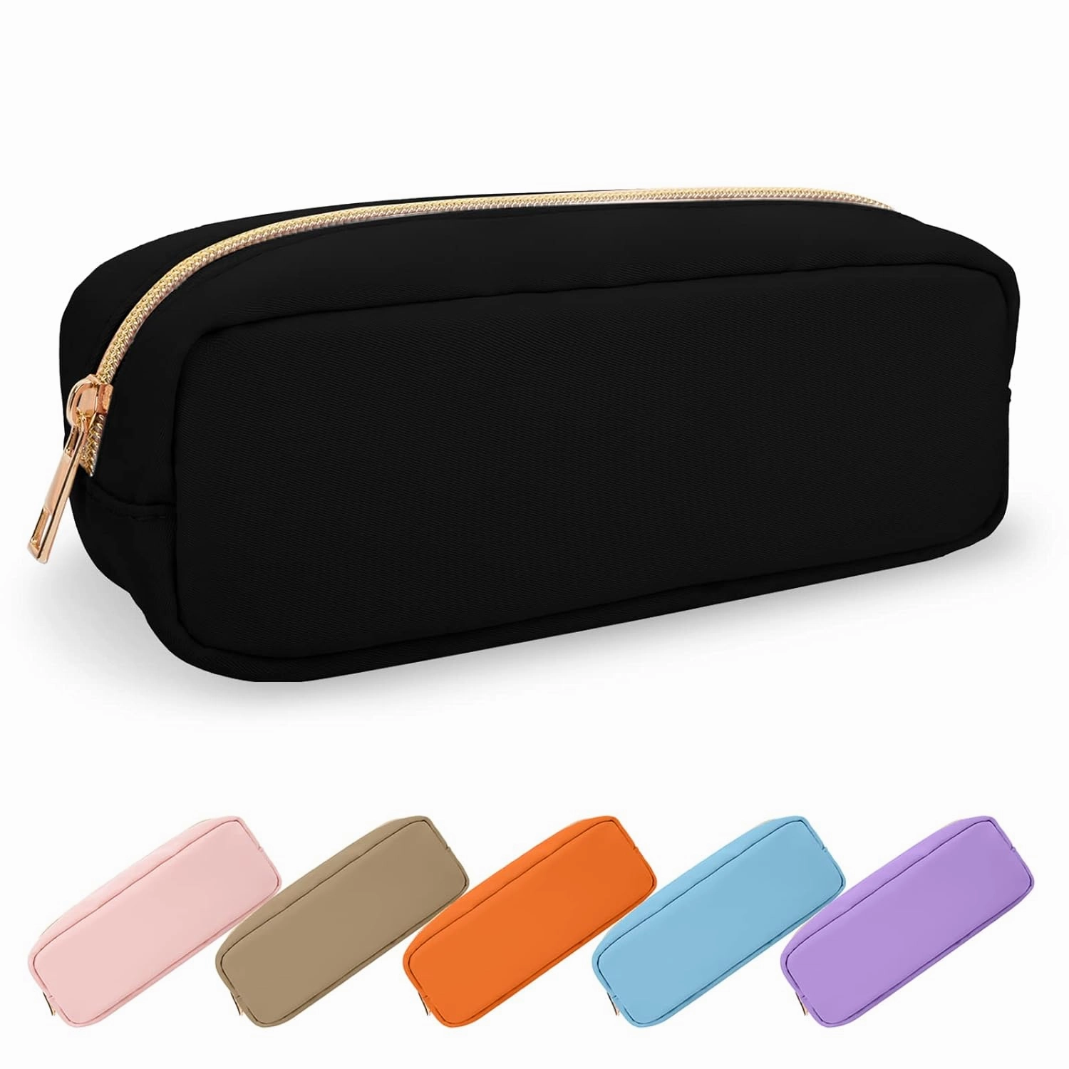 Waterproof Small Pencil Case Makeup Bag for Purse,Cute Pencil Pouch Preppy Nylon Makeup Brush Holder with Zipper,Girls Portable Storage Case Small Pen Bag for Office(Slim-Black)
