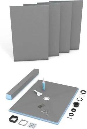 Wedi US2000010 Fundo Primo 48 in x 48 in Shower Kit, Waterproof Board Installation System with Central Square Drain Grate Assembly, Prefabricated Sloped Shower Base (Shower Tray) and Lean Shower Curb