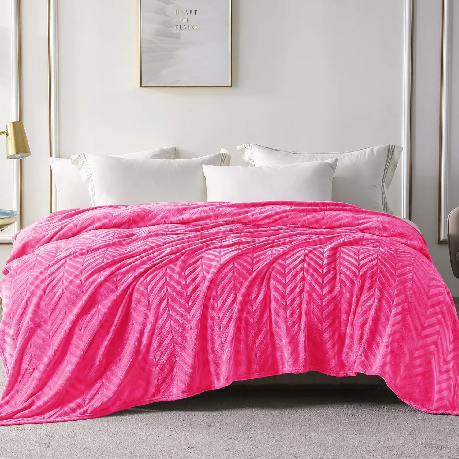 Whale Flotilla Flannel Fleece Queen Size Bed Blanket, Lightweight Breathable Soft Bedspread Plush Fluffy Coverlet Chevron Design Decorative Blanket for All Season, 90x90 Inch, Hot Pink