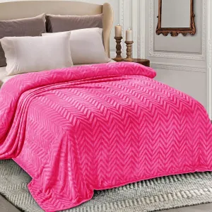 Whale Flotilla Flannel Fleece Queen Size Bed Blanket, Lightweight Breathable Soft Bedspread Plush Fluffy Coverlet Chevron Design Decorative Blanket for All Season, 90x90 Inch, Hot Pink
