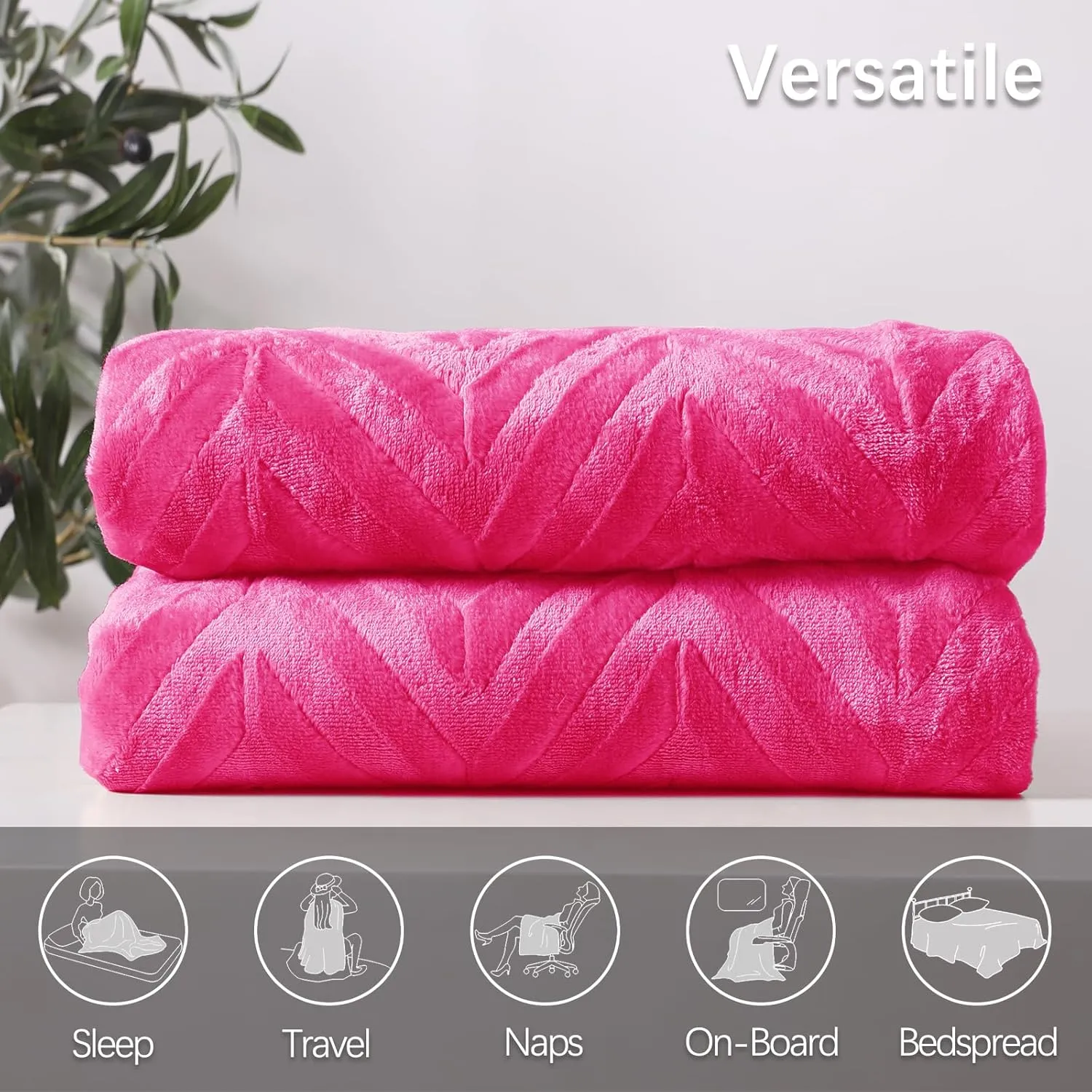 Whale Flotilla Flannel Fleece Queen Size Bed Blanket, Lightweight Breathable Soft Bedspread Plush Fluffy Coverlet Chevron Design Decorative Blanket for All Season, 90x90 Inch, Hot Pink