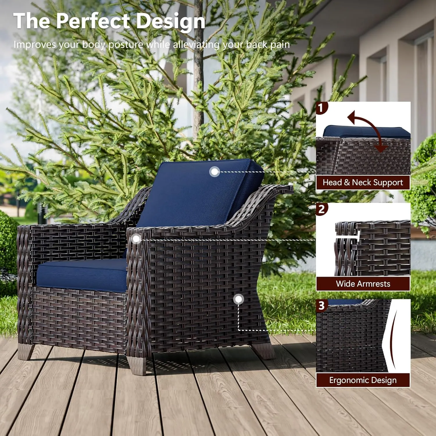 Wicker Patio Chairs Set of 2, Luxury Rattan Patio Furniture with Wide Armrest, Thickened Cushions, Outdoor Chairs for Deck, Porch Use
