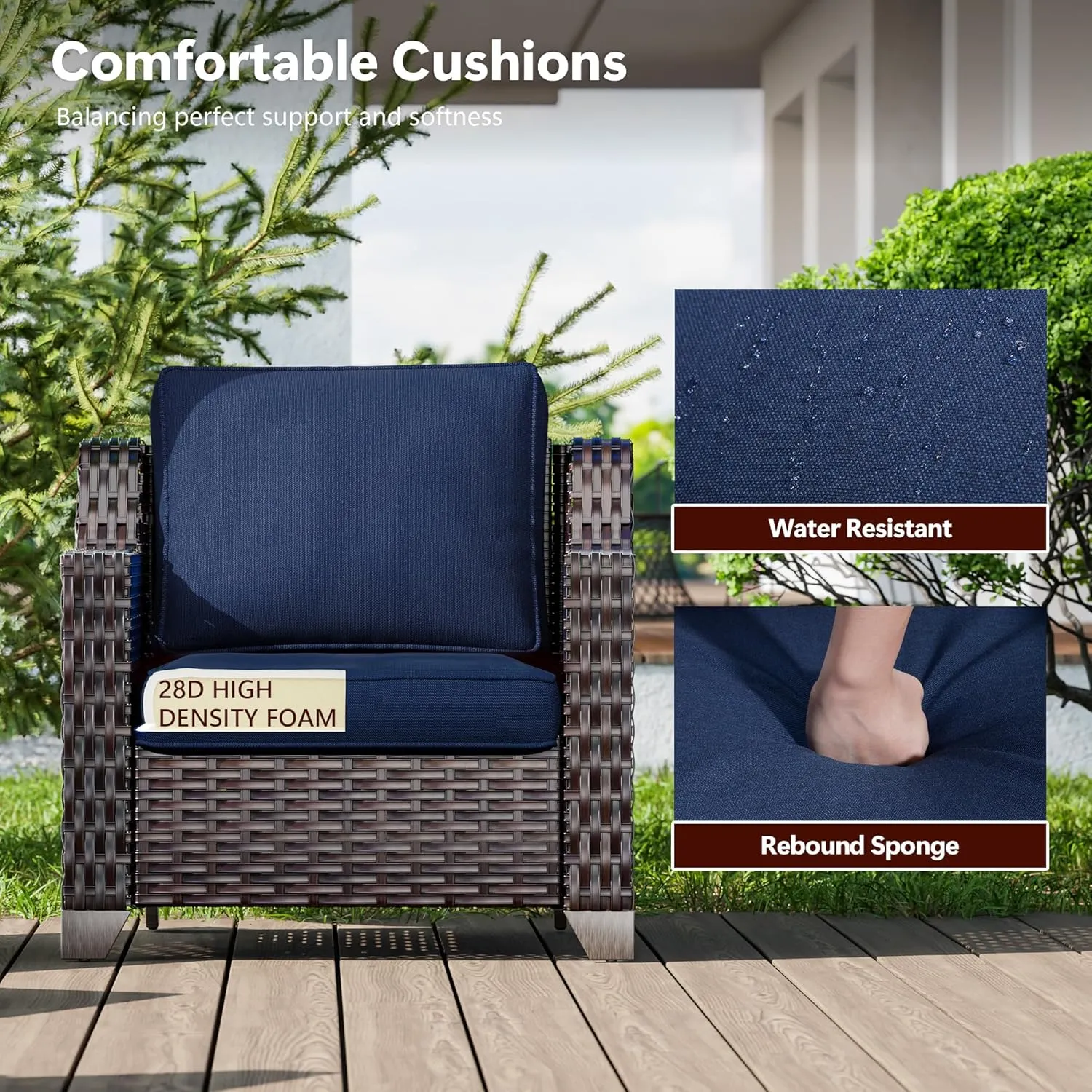 Wicker Patio Chairs Set of 2, Luxury Rattan Patio Furniture with Wide Armrest, Thickened Cushions, Outdoor Chairs for Deck, Porch Use
