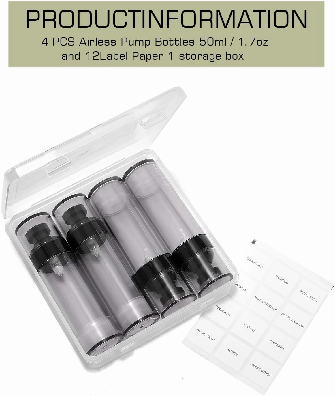Wide Caliber airless Vacuum Pump Bottle, Reusable Cosmetics Pump Dispenser, DIY Easy Canned, Translucent Black Travel Size can be Packaged Separately Shampoo Light Lotion, etc. (1.7/oz, 4 Packs)