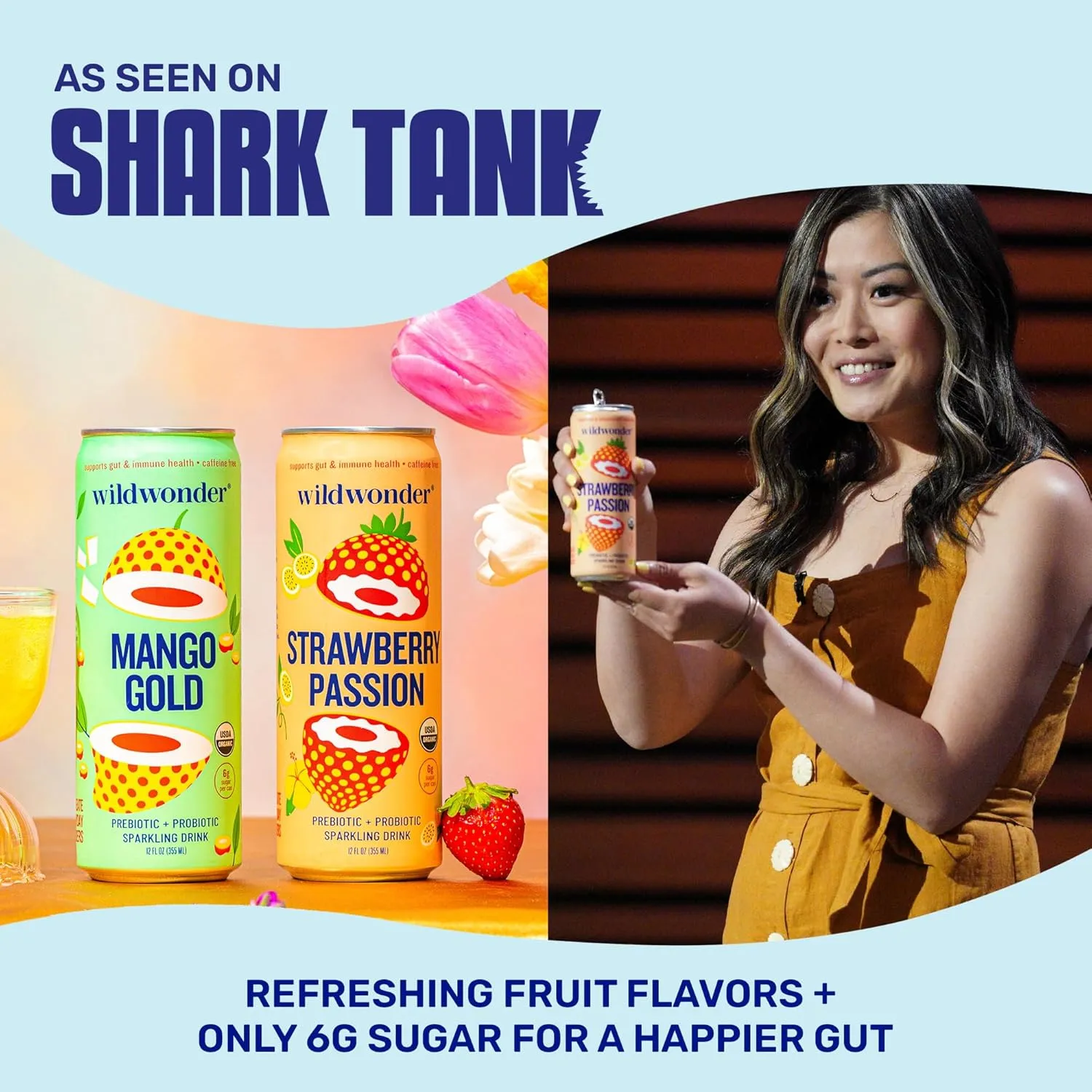 wildwonder Sparkling Probiotic Drink 12pk, For Gut Health & Immune Support, Peach Ginger, 5g Prebiotic Fiber, Live Probiotics, Organic, Vegan, Low Sugar, 12 Pack, 12oz Can, As Seen on Shark Tank
