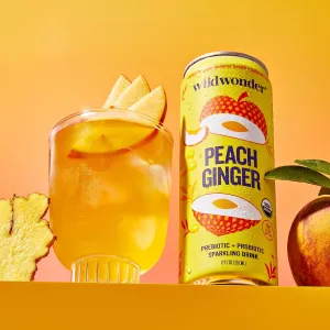 wildwonder Sparkling Probiotic Drink 12pk, For Gut Health & Immune Support, Peach Ginger, 5g Prebiotic Fiber, Live Probiotics, Organic, Vegan, Low Sugar, 12 Pack, 12oz Can, As Seen on Shark Tank