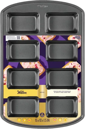 Wilton Gold Premium Non-Stick Warp-Resistant Bakeware, Made without PFAs, Mini Loaf Pan, 8-cavity, 15 x 10 x 1.5 in, Packaging May Vary
