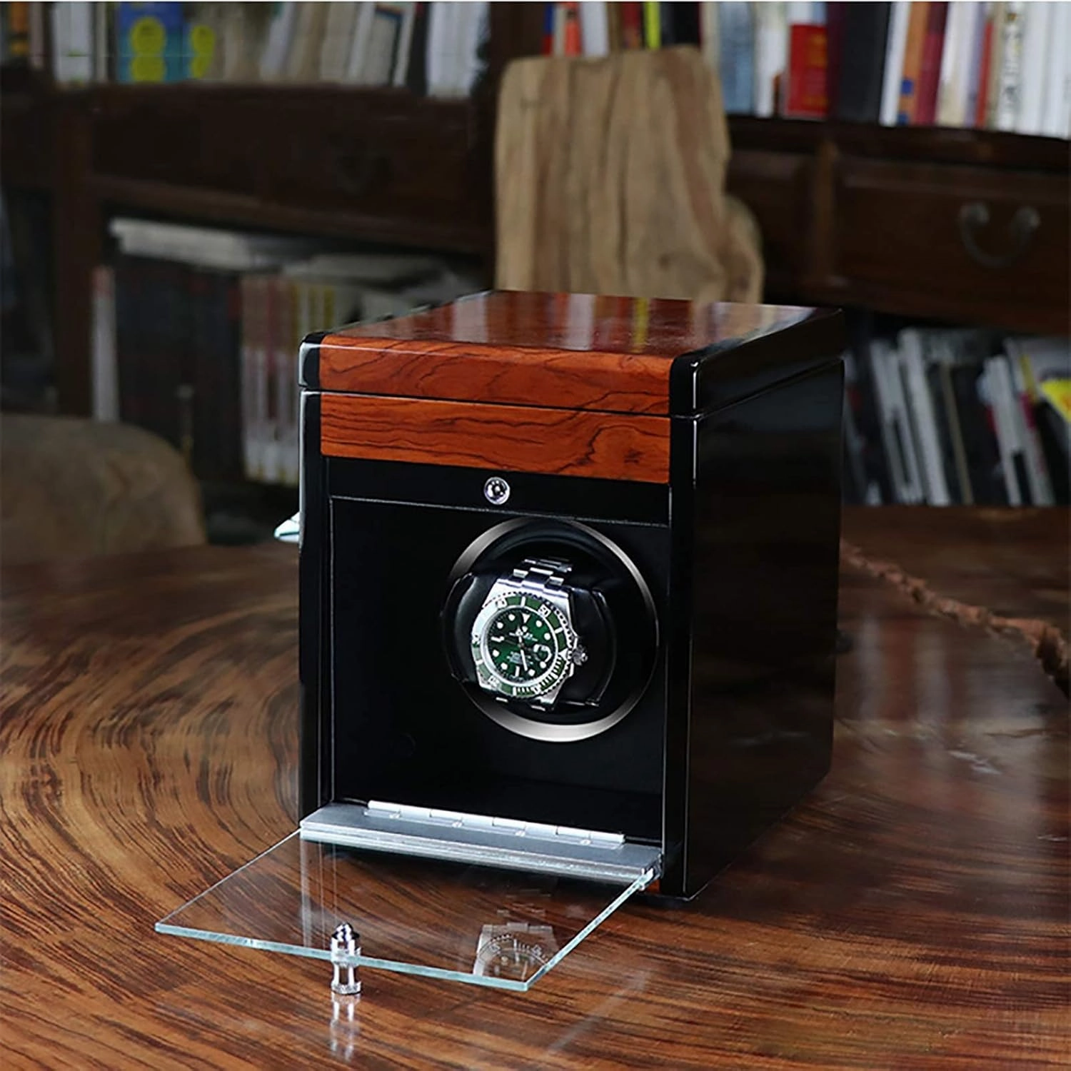 Winding Box Watch Winders - Wooden Watch Storage Case Smart Watches Winder With Led Light Mechanical Watch Automatic Shaker With Access Control Watch Winding Box (Red Wood Grain Pa,Black Paint-1 (Bla
