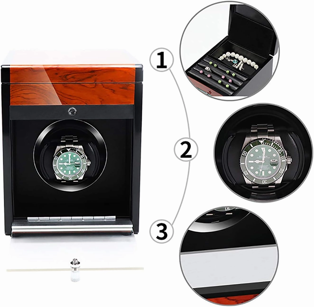 Winding Box Watch Winders - Wooden Watch Storage Case Smart Watches Winder With Led Light Mechanical Watch Automatic Shaker With Access Control Watch Winding Box (Red Wood Grain Pa,Black Paint-1 (Bla