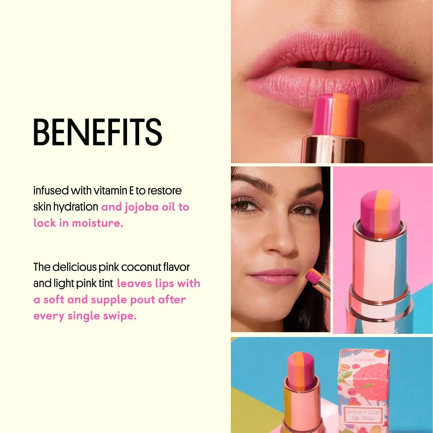 Winky Lux Sorbet Tri Tinted Lip Balm – Hydrating, Nourishing Lip Care with Jojoba Oil & Vitamin E, Sheer Pink Tint, Moisturizes & Softens Dry Lips, Buttery Soft with Juicy Finish