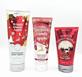 Winter Candy Apple 3 pc- Bundle Set Bath and Body Care Set, Moisturizing Body Wash 10 fl oz, Body Cream 8 oz, Whipped Body Scrub 8.2 oz