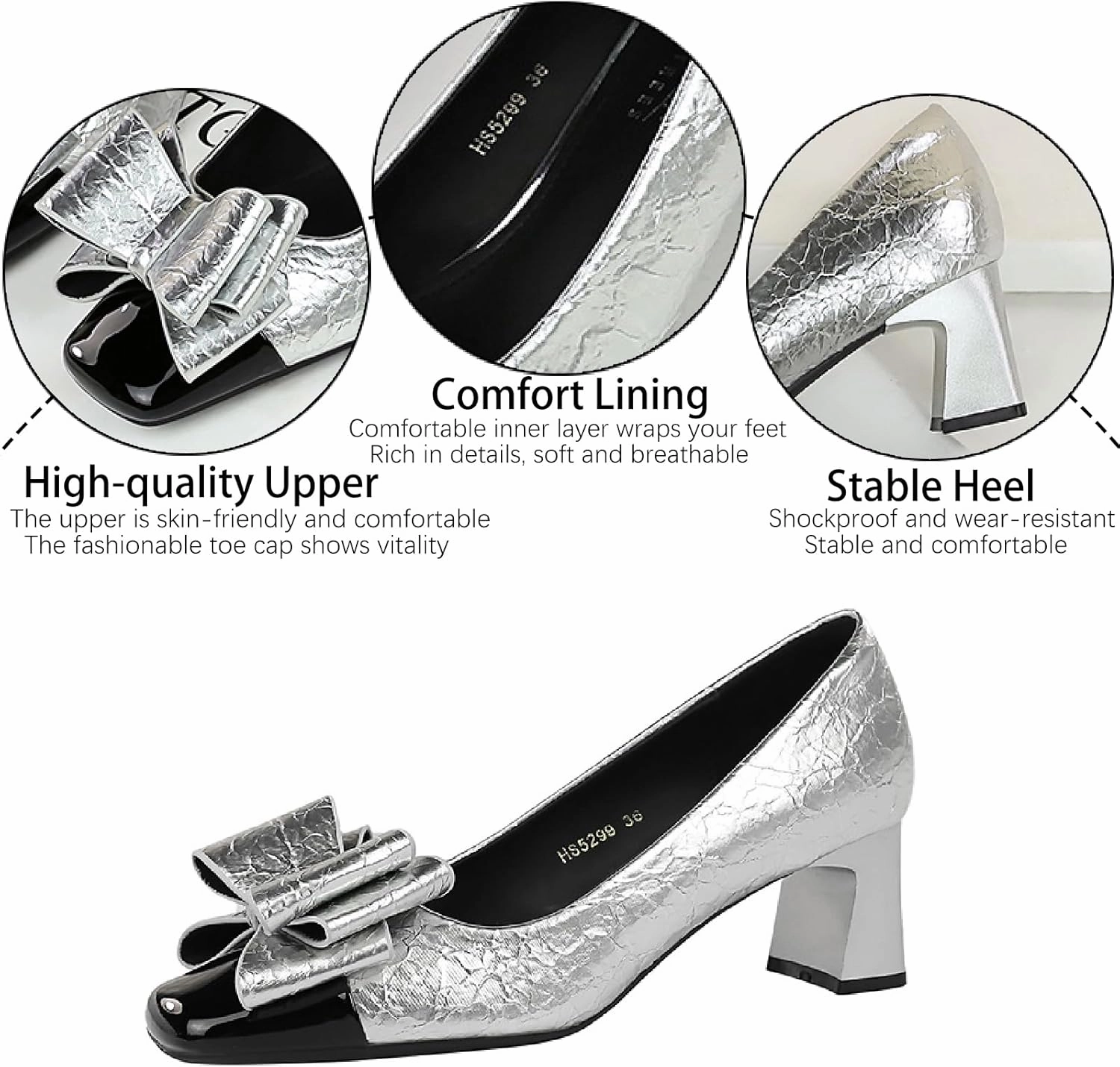 Women's Bow Printed Leather Chunky Heels Pumps Fashion Comfortable Closed Square Toe Slip On Mid Heel Dress Shoes for Party Date Office Wedding