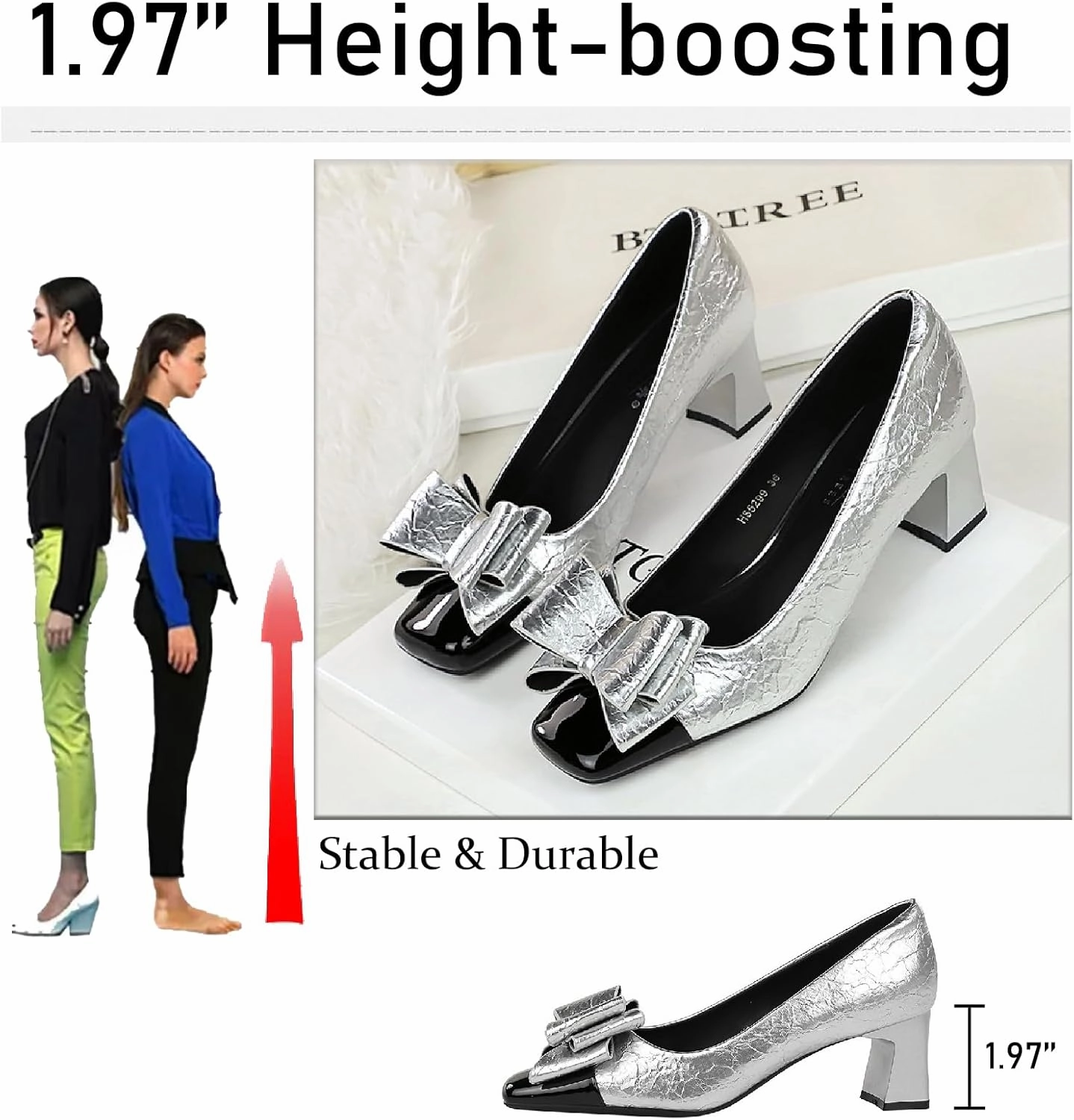 Women's Bow Printed Leather Chunky Heels Pumps Fashion Comfortable Closed Square Toe Slip On Mid Heel Dress Shoes for Party Date Office Wedding