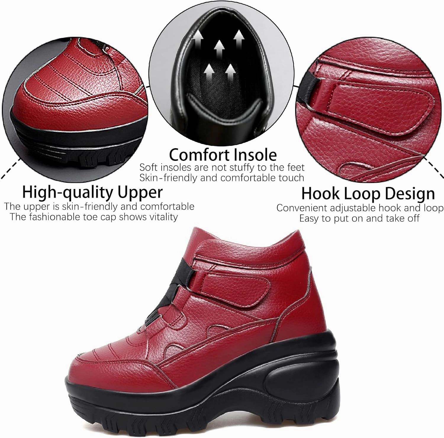 Women's Leather Orthopedic Chunky Platform Ankle Boots with Hook Loop Retro Comfortable Round Toe Arch Support Wedge Booties Casual Anti-slip Daily Work Walking Shoes