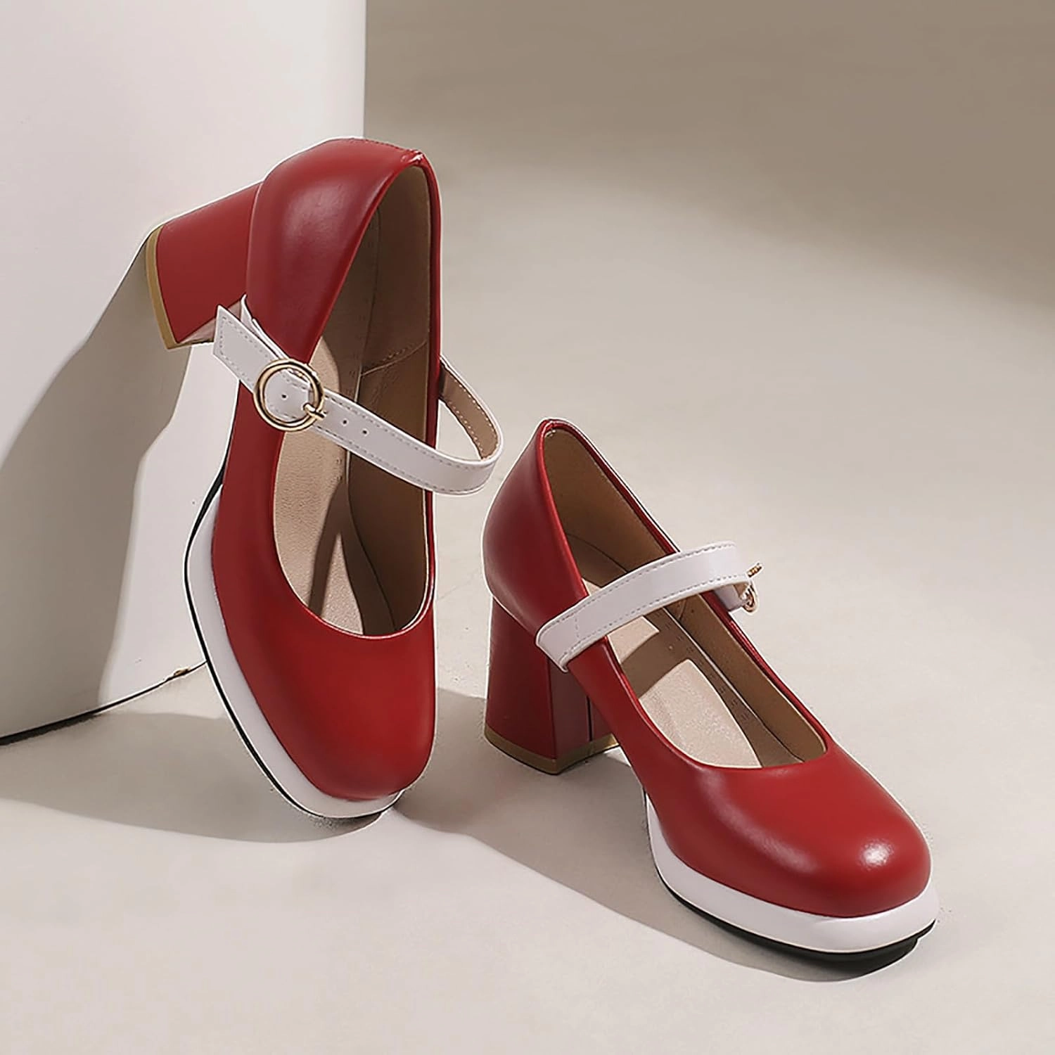 Women's Leather Platform Mary Janes Pumps with Adjust Buckle Strap Retro Comfortable Round Toe Stack Chunky Heels Dress Shoes for Party Prom Date Uniform Shoes