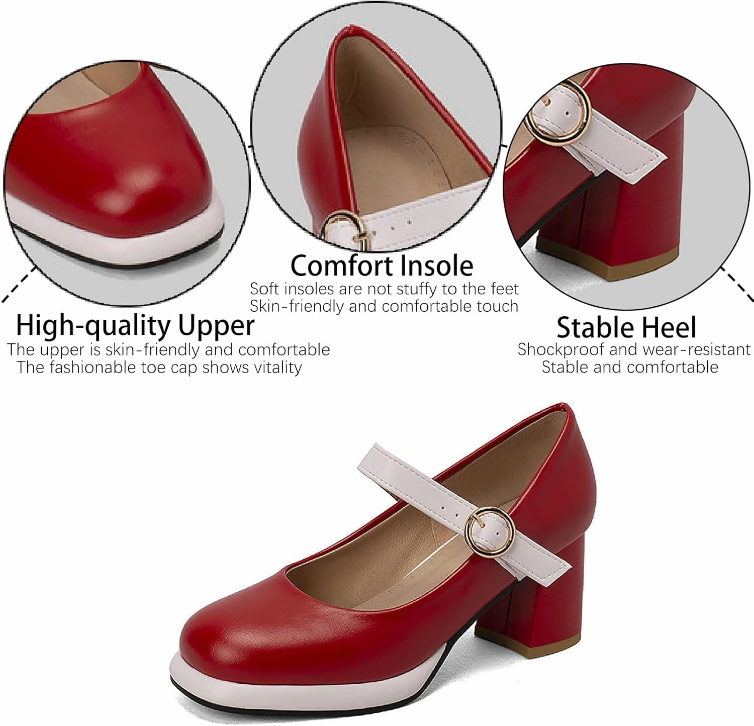 Women's Leather Platform Mary Janes Pumps with Adjust Buckle Strap Retro Comfortable Round Toe Stack Chunky Heels Dress Shoes for Party Prom Date Uniform Shoes