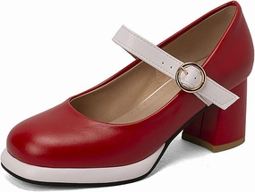 Women's Leather Platform Mary Janes Pumps with Adjust Buckle Strap Retro Comfortable Round Toe Stack Chunky Heels Dress Shoes for Party Prom Date Uniform Shoes