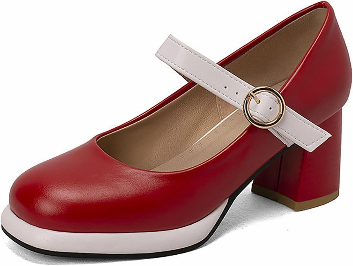 Women's Leather Platform Mary Janes Pumps with Adjust Buckle Strap Retro Comfortable Round Toe Stack Chunky Heels Dress Shoes for Party Prom Date Uniform Shoes