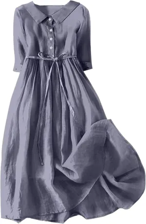 Women's 3/4 Sleeve A Line Dresses Trendy Button-Front Midi Shirt Dress Cotton Linen Solid Midi Shirt Dress Dark Grey