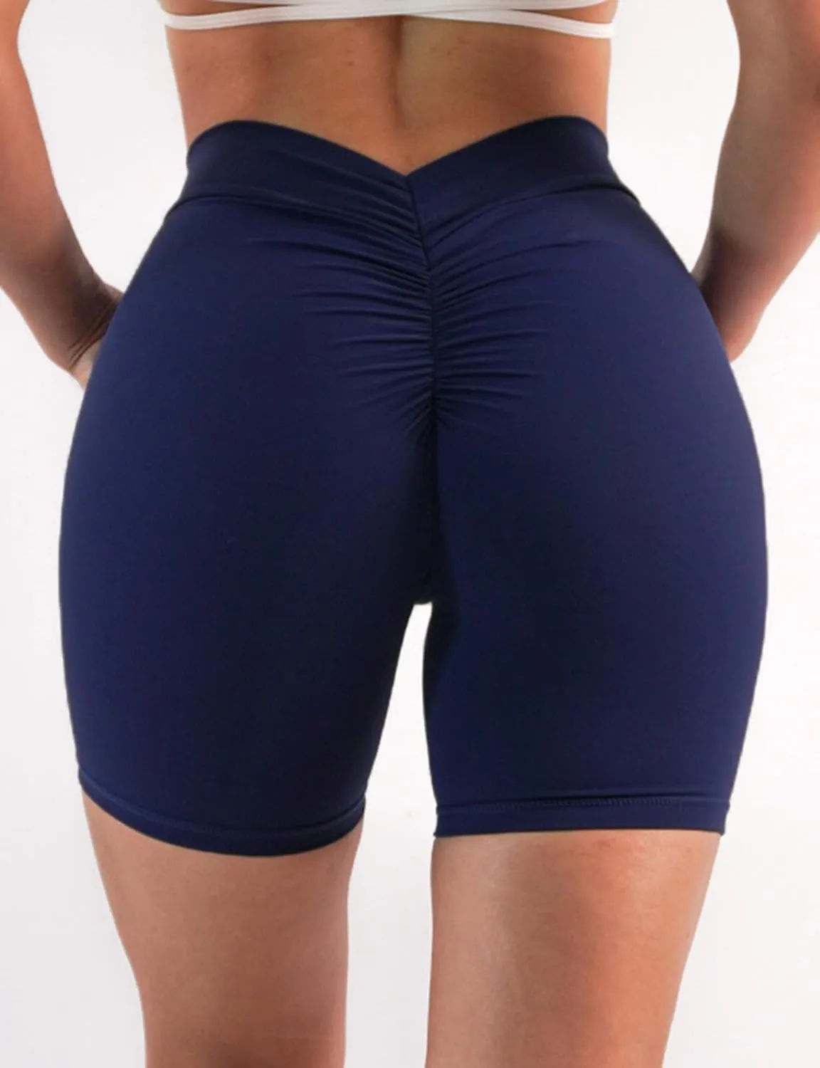 Women's High Waisted Workout Shorts - Butt Lifting Yoga Short Pants with V-Cut Back, 4-Way Stretch Gym Biker Shorts