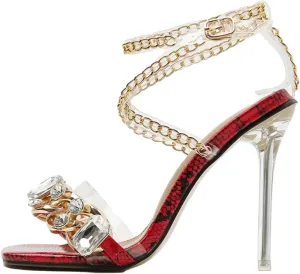 Women's Rhinestone Clear Heels Square Open Toe Ankle Strappy Lace Up Stiletto High Heel Sandals